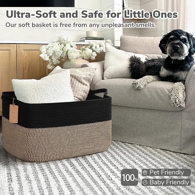 Goodpick 75L Extra Large Woven Blanket Basket, Rectangle, Black & Jute | 22" × 17" × 12" Decorative Wicker Storage Basket for Pillows, Toys & Clothes, Fits Living Room & Nursery Organization