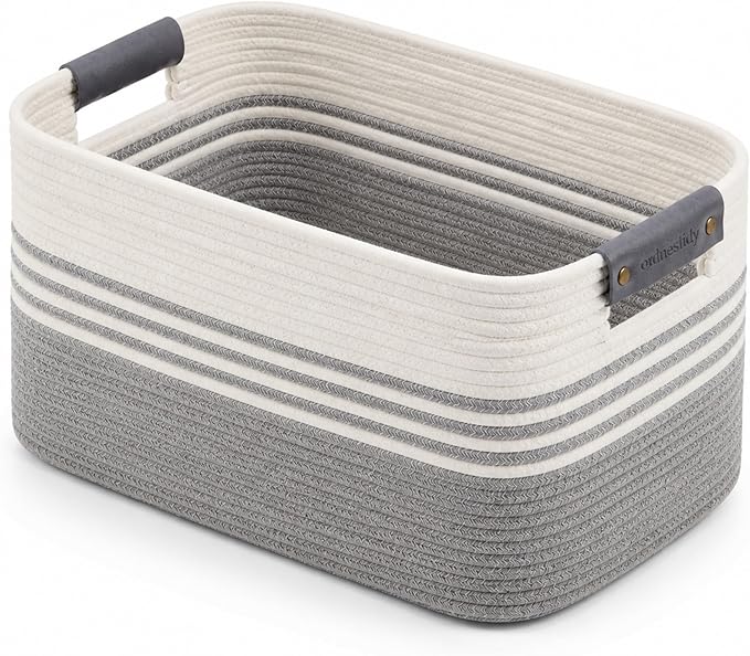 Cotton Rope Laundry Basket Extra Large, 22.8GAL Collapsible Woven Storage Baskets for Living Room Kids Toys Stuffed Animal,Boho Rectangular Decorative Hamper for Dirty Clothes, Blankets White Grey