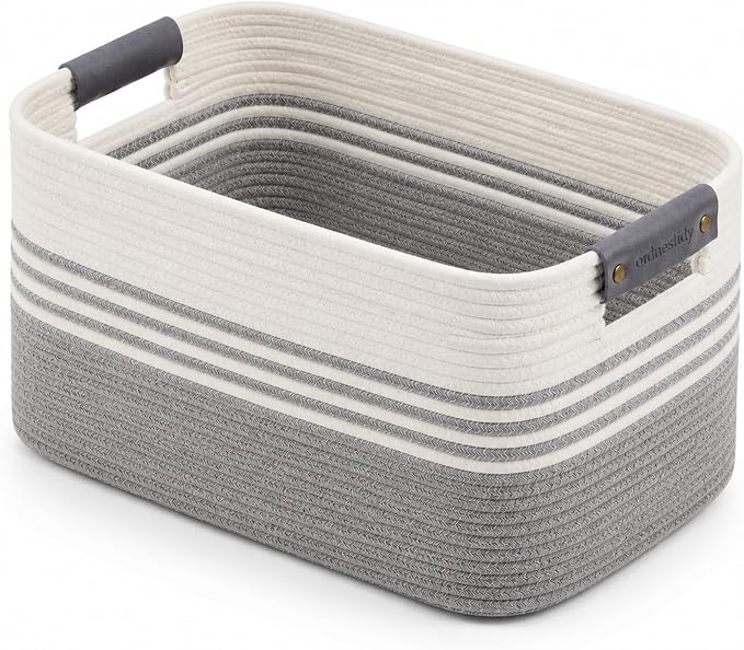 Cotton Rope Laundry Basket Large, 19.2GAL Collapsible Woven Storage Baskets for Living Room Kids Toys Stuffed Animal,Boho Rectangular Decorative Short Hamper for Dirty Clothes, Blankets White Grey