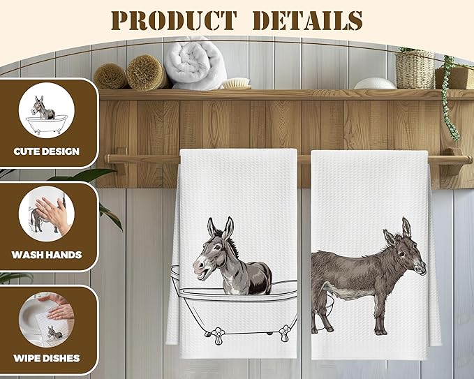 Bath Towels Set of 2, Cute Funny Donkey Dish Towel for Bathroom Spa Kitchen, Bathing Donkey Decorative Hand Towels, Fast Drying Tea Towel, Farmhouse Housewarming Xmas Gifts for Women Mom -B26
