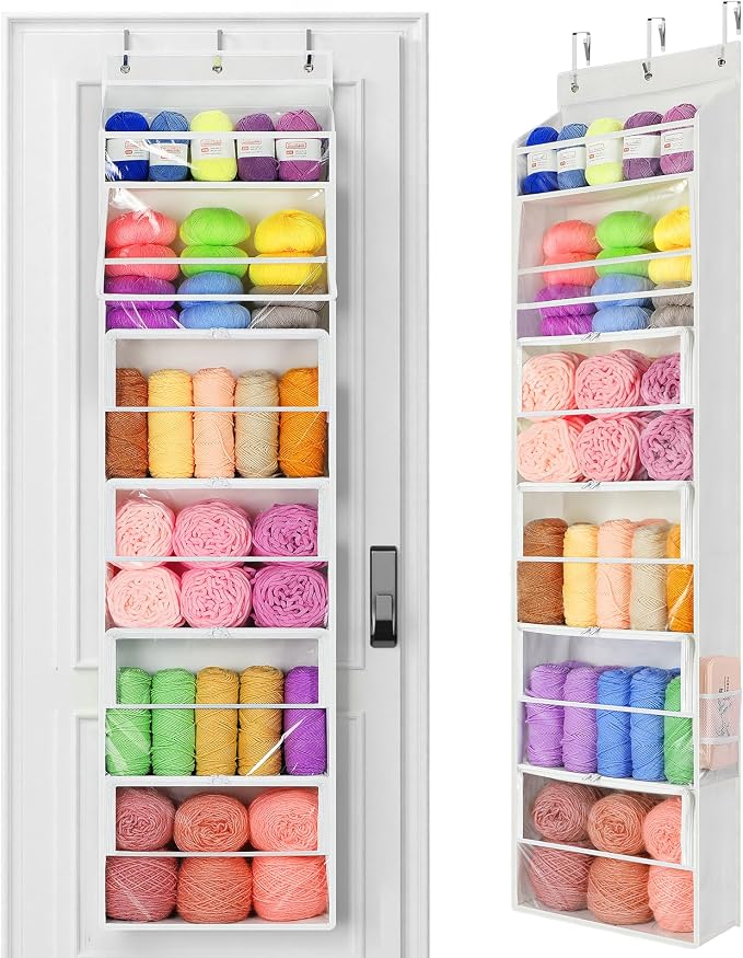 Yecaye Hanging Yarn Storage Organizer with 6 Zippered Closure Compartments, Heavy Duty Stuffed Animal Storage with Clear PVC, Dustproof Yarn Holder for Crocheting Storage, Pearl White 6 Tier