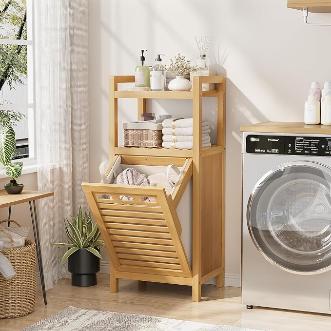 Homykic Tilt Out Laundry Hamper Cabinet, 10 Gal Bamboo Laundry Organizer | Wooden Laundry Basket with Removable Bag, Hidden Hamper with Shelf for Clothes, Bathroom, Laundry Room, Bedroom, Space Saving
