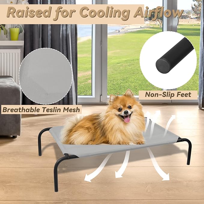 Raised Pet Cot for Small Pets | Elevated Dog Bed with Breathable Mesh, Sturdy Steel Frame, Non-Slip Design, Easy Clean, 33-Inch, Grey