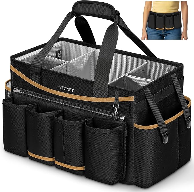 Ytonet Cleaning Caddy Bag, Extra Large Cleaning Supplies Organizer, Black | Detachable Apron & Foldable Dividers, 900D Cleaning Tote with Handle, Portable Cleaner Caddy for Housekeeper, Detailing Bag