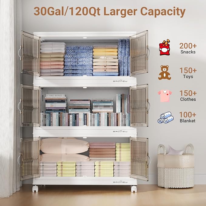 BROVIEW 360Qt Stackable Storage Bins with Lid for Home Dorm, 3Pack White | Closet Organizers, Foldable & Collapsible Cabinets, Large Containers, Wheels & Magnetic Doors, Plastic Drawers for School