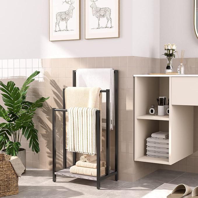 HOOBRO Free Standing Towel Rack, 3 Tier Blanket Rack, Blanket Holder for Bathroom, 16.9" L x 11" W x 31.9" H, Industrial Metal Drying and Display Rack with Shelf, Greige and Black BG03LB01
