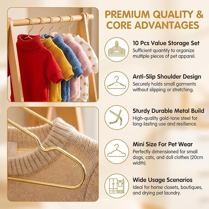 10 Pcs 7.9" Gold Metal Pet Clothes Hangers for Small Dog Cat Closet | Mini Gold Pet Hangers with Glossy Finish; Non-Slip Notches for Clothes Holding; Snag-Free Edges; Ideal for Pet Closet Decor