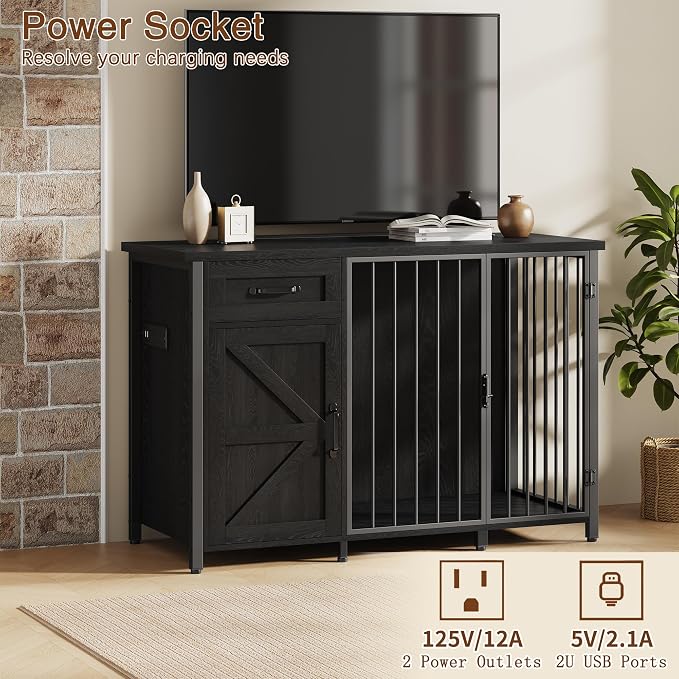 Spacesea 30" Dog Crate Furniture with Storage Drawers and Cabinet, Wooden Farmhouse Dog Kennel Indoor with 900lbs Capacity Steel Frame, Built-in Power Outlets