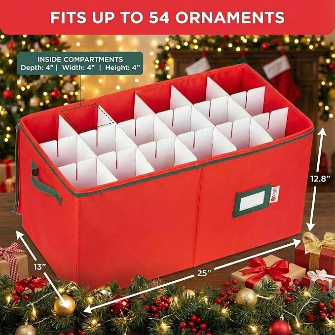Christmas Ornament Storage Container with Dividers - Box Stores Up to 54 Ornaments, Zippered, Convenient, Adjustable, Large Organizer Bin to Protect Holiday Décor, Fits Most Standard Size, Red