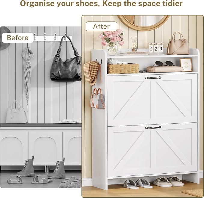 Shoe Storage Cabinet with 2 Flip Drawers for Entryway,Hallway | 9.4"Deep,Freestanding Shoes organizer,Adjustable & Removable Shelves,2 Hooks,Anti-tip Device,White