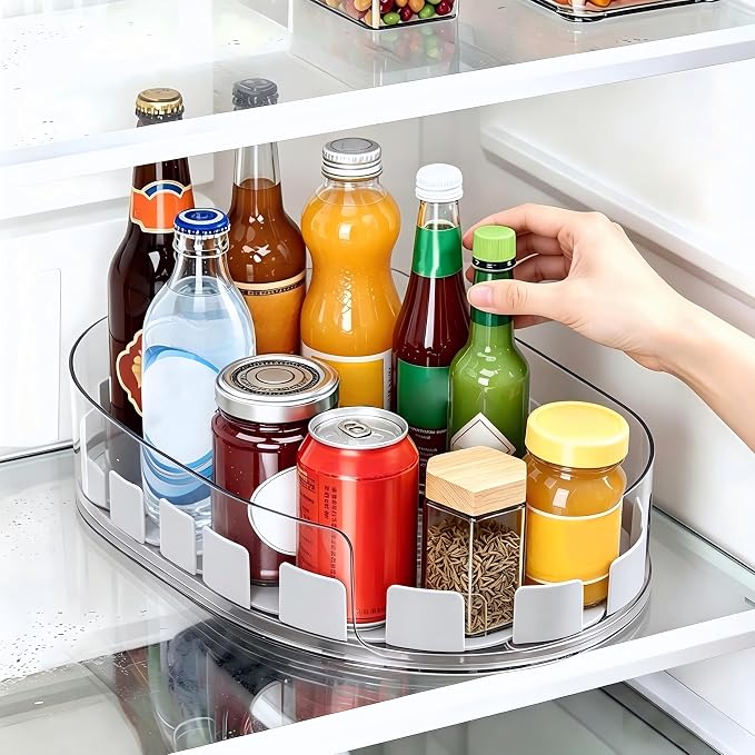 Lazy Susan 360°Rotating Organizer for Refrigerator,13.5“ x 8.5”,Drink Organizer for Fridge,Cabinet, Pantry,or Kitchen Countertop,Organize Condiments, Cans, Beverages,Clear+White,1 Pack