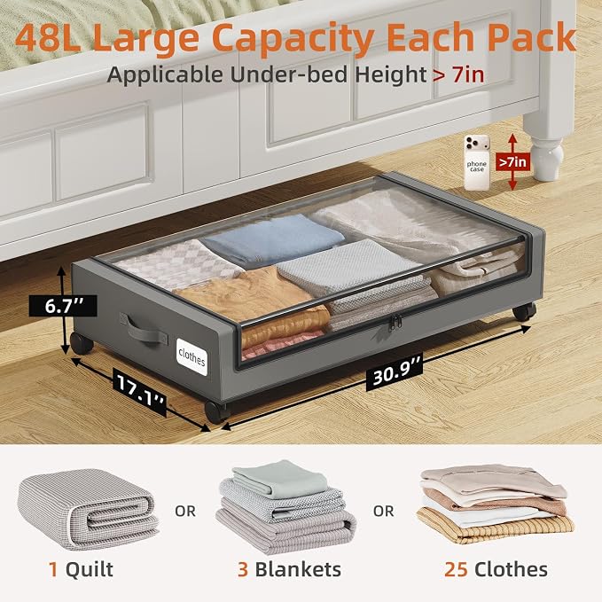 Somdot Under Bed Storage with Wheels, 2 Pack Under Bed Storage Containers | Underbed Shoe Storage Organizer with Clear Lids, Rolling Under The Bed Storage for Clothes, Blankets, Toys, Charcoal Grey