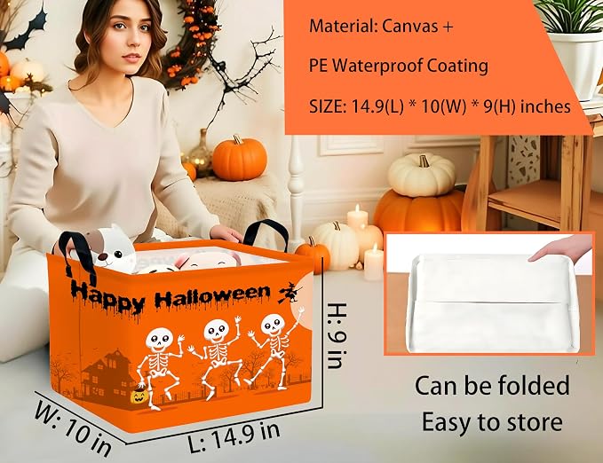 Large Halloween Themed Candy Gift Boo Basket for Kids Baby Personalized Adults Storage Bin Fall Decor(Orange Dance Skeleton)