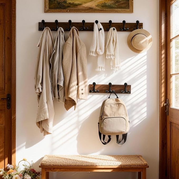 SKOLOO 17-Inch Wood Burnt Coat Rack Wall Mount with 3 Triple Hooks - Ideal for Family Entrances, Classrooms, and Pet Supplies Storage - Perfect Coat Hooks for Wall, Pack of 2