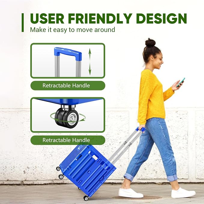 Folding Utility Cart with Lid, Portable Rolling Crate Handcart Collapsible Shopping Trolley, Durable Plastic Foldable Tool Basket with 4 Rotate Wheels for Grocery, Office, Luggage, School - Blue