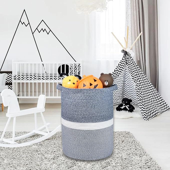 Cotton Rope Blanket Basket, 72L Laundry Hamper, Navy Blue &White