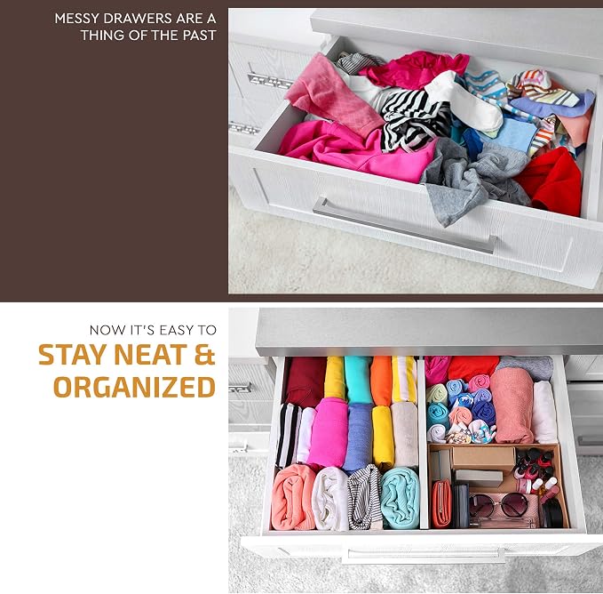 6-Pack Drawer Dividers 2.6-Inch High Dresser Organizer 16 to 22 Inch, White | Bamboo, Spring Loaded, No Tools Needed, Fits Wide Drawers for Socks, Clothes, Utensils, Bedroom, Bathroom, Kitchen, Office
