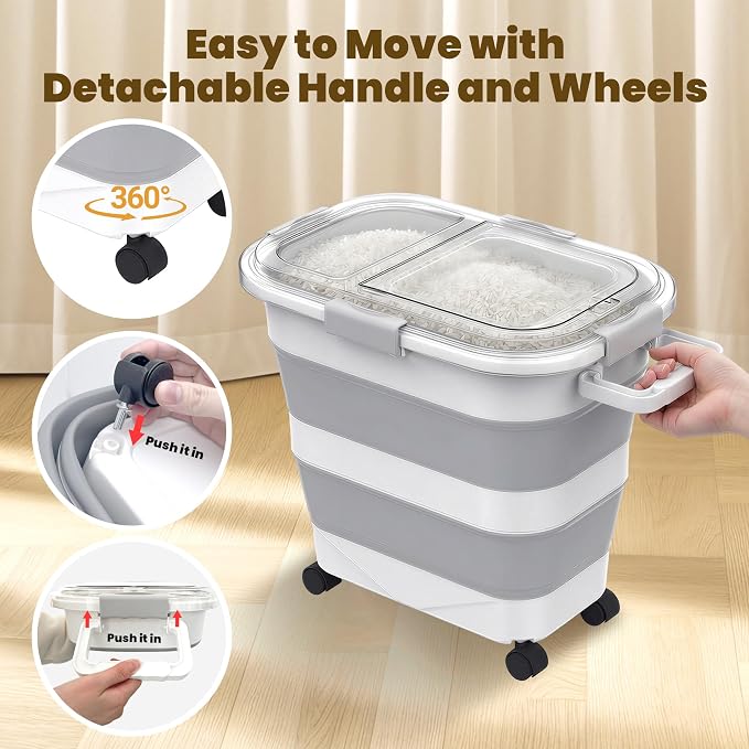 HOYTAMDA 25-35Lbs Rice Container,Collapsible Food Storage Container Wheels | Rice Storage Container with Transparent Airtight Lid,Handle,Small Bin&Scoop,Rice Dispenser for Flour Sugar Grain Dog Cat