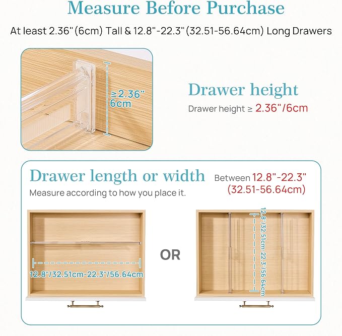 Vtopmart 2.36" Short Upgrade Drawer Dividers 12.8"-22.3" Expandable 4 Pack | Adjustable Kitchen Drawer Organizer, Clear Plastic Separator for Flatware, Utensils, Cutlery, Underwear Storage, Space Saving