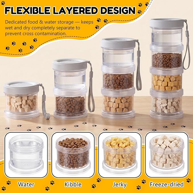 4 Layer Travel Dog Food Container Mini Dog Treat Jars Leakproof Stackable with Label and Pen for Customizing Portable with Lanyard for Outdoor Walking Camping Travel Training Home