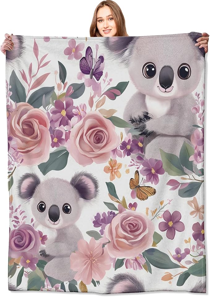 Koala Blanket,50x60in,Cute Floral Pastel Blossom Throw Blankets,Gifts for Kids Adult & Animal Lovers, Lightweight Soft Fleece,for Sofa Couch Bed Room Modern Decor