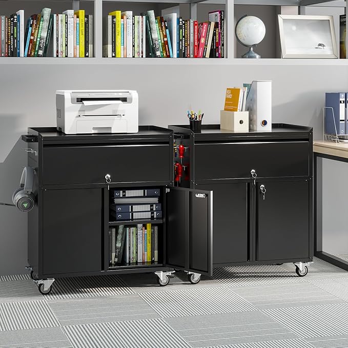Metal Garage Storage Cabinet with Wheels, Rolling Tool Cabinet with Adjustable Shelf, 1 Drawer and 2 Doors for Tools, Garage,Workshop, Black, Assembly Required