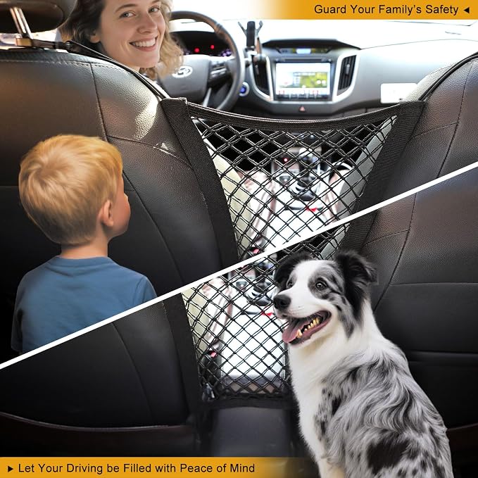 Dog Car Net Barrier for SUV， Upgraded Dog Travel Accessory with Organizers and Storage, Separates Pets from Passengers for Safely, organizes Essentials, Makes Trips Easier.