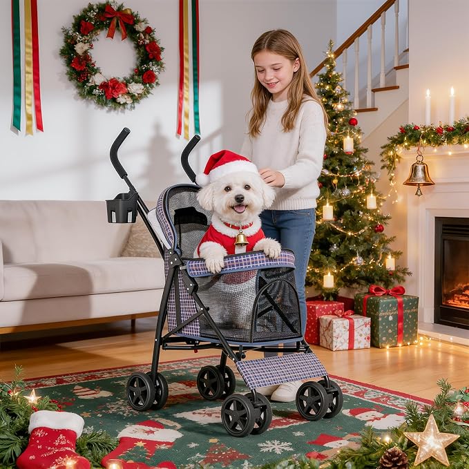 MoNiBloom Pet Stroller for Small/Medium Dogs and Cats up to 22 lbs, Plaid | Foladble 4 Wheels Easy-Fold Puppy Cage Jogger Stroller with Sun Cover, Pad and Rear Storage Bag, Breathable and Visible Mesh