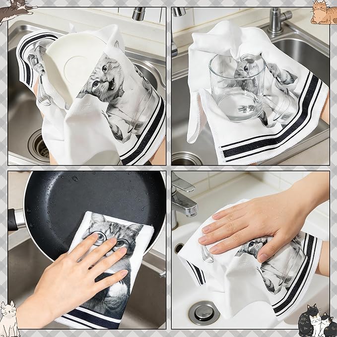 GROBRO7 Cute Cats Hand Towel - 6Pcs Funny Kitchen Kitten Theme Dishcloths Set Polyester Soft Clean Dish Towels Home Dining Table Restaurant Bath Decor Housewarming Gifts for Cat Lovers Hostess Women
