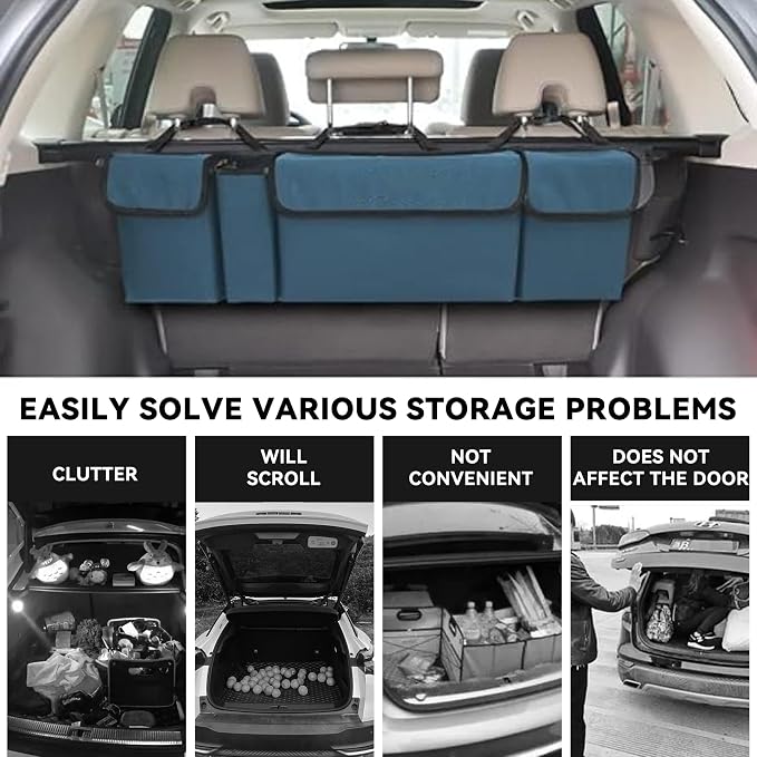 Car Trunk Organizer, Backseat Hanging Large Storage with Adjustable Straps,Waterproof PVC Collapsible Cargo Bag, Car Interior Accessories for Auto SUV MPV (Blue)