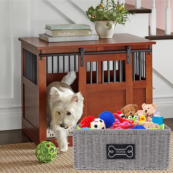 Dog Toy Basket Metal Frame Woven Rattan Foldable Bin, Dog Toy Storage Organizer for Living Room,Entryway,Toy Storage Organizer with Collapsible Rectangular Design,Pet Toy Basket for Dogs and Cats