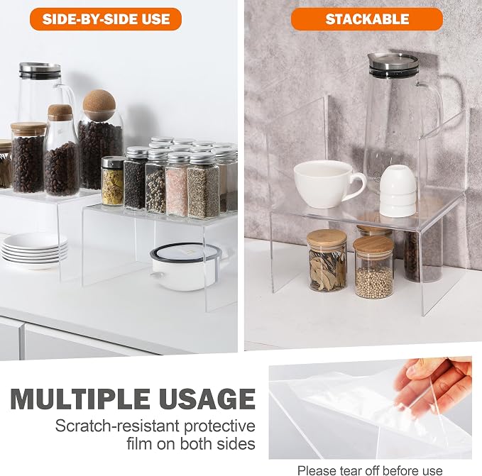 Clear Acrylic Cabinet Organizer Shelf 4Pcs, Stackable Cabinet Shelves, Dish Organizer for Cabinet, Kitchen Cabinet Organizer Riser, Pantry Cupboard Storage for Spice Bottles, Mugs, Small Plates & Jars