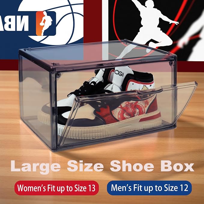 1 Pack Acrylic Grey Shoe Boxes for Flat,Loafer &Small Space, Fit Size 13 | Magnetic Side Door, Space-saving Clear Shoe Storage Boxes, Acrylic Display Case, Shoe Containers for Entryway & Sneaker