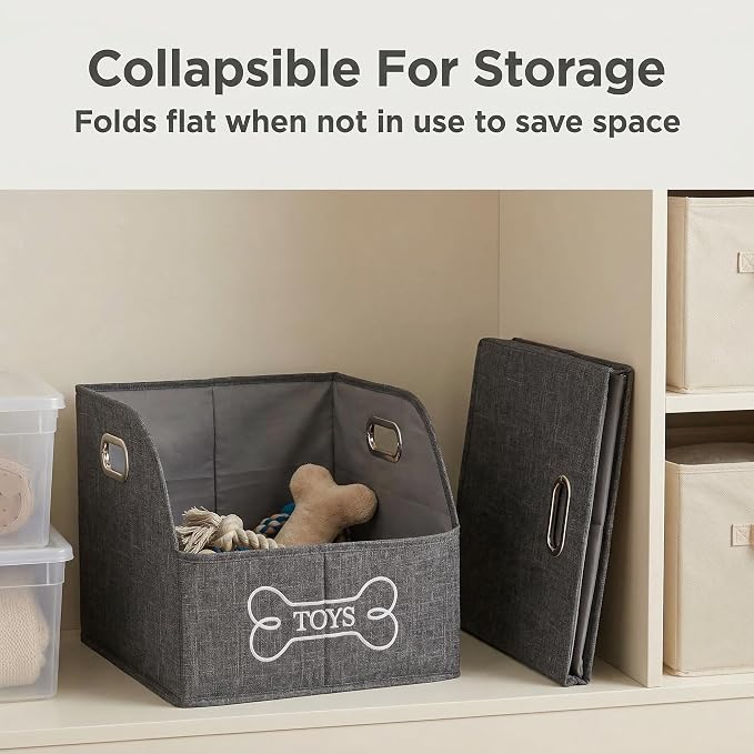 Foldable Dog Toy Basket-Dog Toys Bin-Dog Toy box-Storage Basket with Handle,Organizer Bin for Pet Toys, Blanket, Shelves, Closet -gray