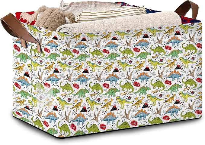 Dinosaur Pattern Collapsible Storage Box - 17x11.5x10.5 Inch Foldable Organizer for Nursery, Playroom Decor,Toy Storage - No Lid Single Pack Organizer Bin