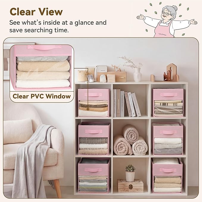 GRANNY SAYS 11 Inch Cube Storage Bins with Clear Window, Pink, 6-Pack | Collapsible, with Thickened Base Plate, Sturdy Handles, Decorative Baskets for Shelves, Closet, Organizing Toys, Clothes