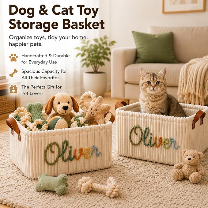 Personalized Dog Cat Toy Basket with Name | Custom Handmade Corduroy Pet Toy Organizer Bin for Home Storage, Unique Gift for Pet Lovers