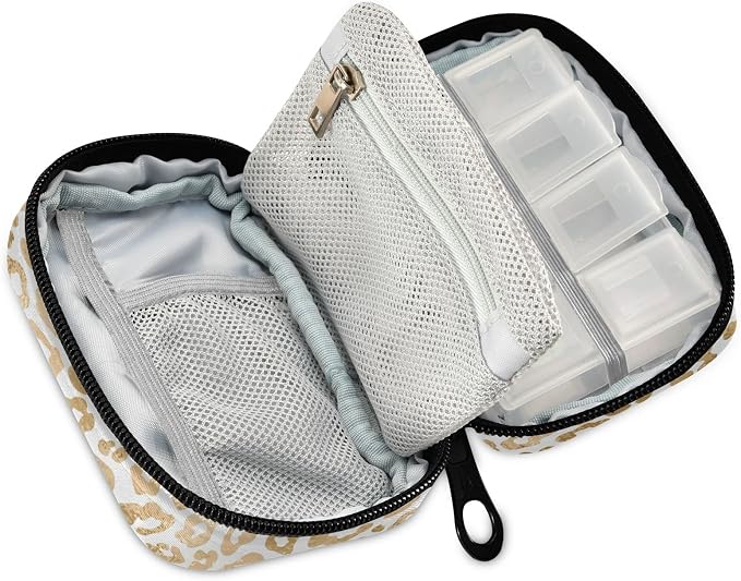 Gold Leopard Print Pill Case, Weekly Portable Pill Bag Container 7 Days Pill Box Organizer Vitamin Supplement Holder with Zipper for Travel Family Business