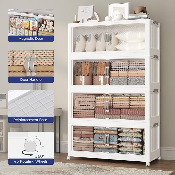 240GAL Plastic Storage Bins with Lid, 960QT Extra Large Stackable Closet Organizers and Storage, Collapsible Storage Boxes with Wheels, Folding Cabinet for Home Kitchen Office, 6Pack White