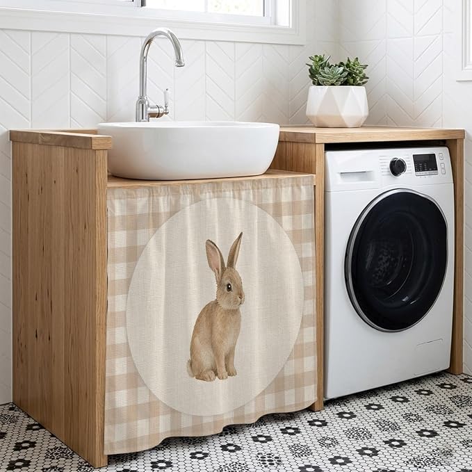 Rabbit Plaid Cabinet Dishwasher Hidden Curtains, Privacy Closet Door Curtain, Rustic Farmhouse Checkered Retro Animal Adhesive Dust Proof Under Sink Skirt for Bathroom Kitchen 35"x35"