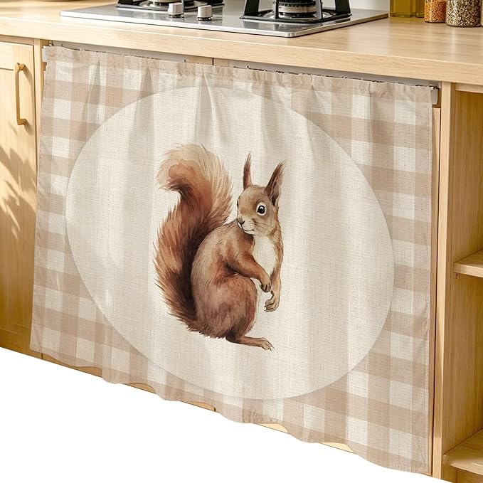 Squirrel Plaid Cabinet Dishwasher Hidden Curtains, Privacy Closet Door Curtain, Rustic Farmhouse Checkered Retro Animal Adhesive Dust Proof Under Sink Skirt for Bathroom Kitchen 35"x35"
