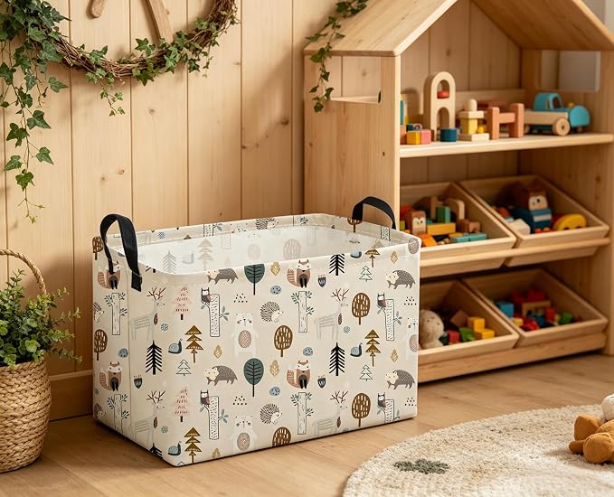 Sanjiaofeng Rectangular Cute Animals Storage Baskets,Foldable Kids Toy Clothes Bins for Bedroom,Woodland Animal Basket,Books Box, Gift Basket(Tree Trunk Animals)