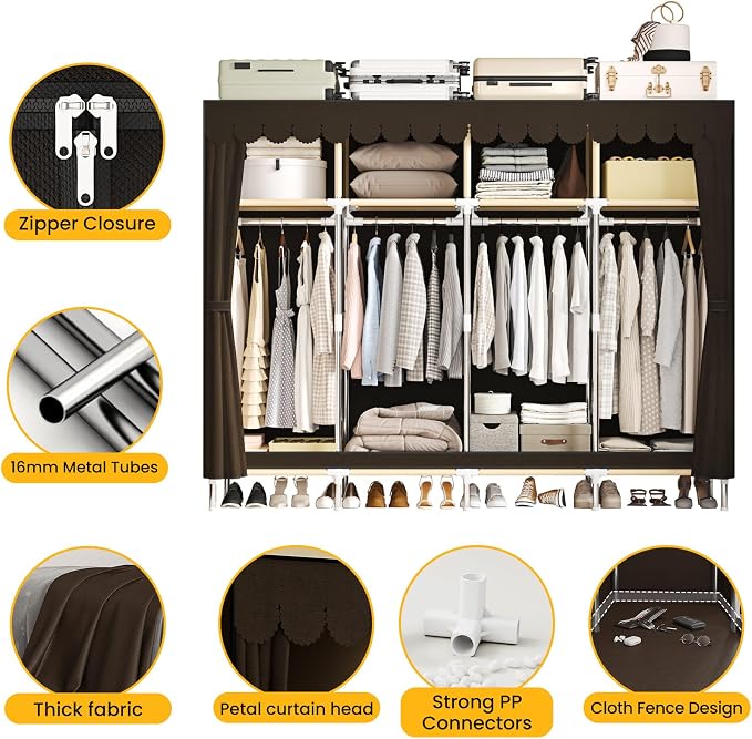 Large Portable Armoire Wardrobe Closet with 4 Hanging Rods and Lockers,Metal Storage Wardrobe Clothes Rack with Dust Cover for Clothes,16.7 in Wide,Bedroom,Gray (Brown, 77.5 in)