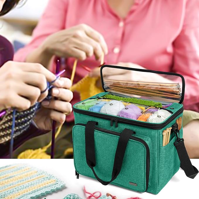 Teamoy Knitting Bag, Yarn Storage Organizer Crochet Bag Tote, Green | Yarn Holder with Inner Divider(Sewn to Bottom) for Crochet Hook, Knitting Needles(Up to 14"), Project and Crocheting Supplies
