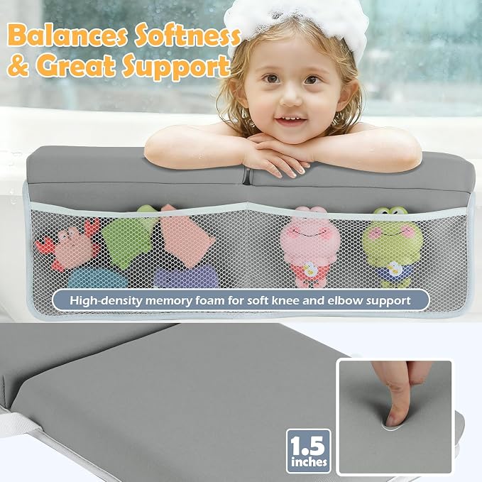 Baby Bath Kneeler and Elbow Rest Pad Set, Gray | 1.5" Thick Soft Memory Foam, Bath Toys Organizer, Non-Slip, Quick-Dry, Foldable, Gift for Parents