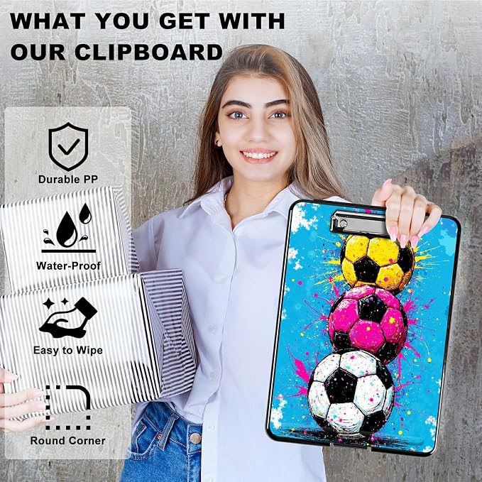 Heavy Duty Storage Clipboard, Slim Nursing Clipboard with Internal Pen Case, Portable File Organizer Case for A4 Letter Size Paper Office Medical Professionals, Soccer Painting