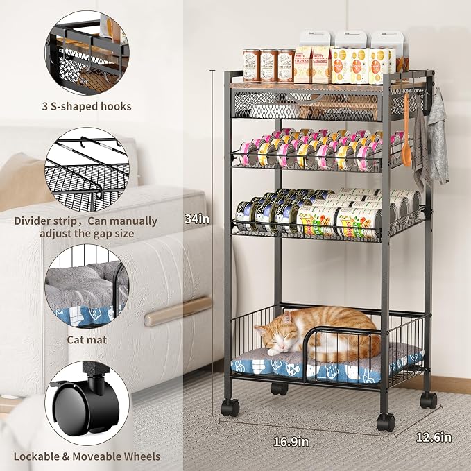 Cat Food Organizer，One-Stop Canned Food and Cat Bed Storage Mobile Rack | Automatic Slip Design,Manually Adjust The Gap Size，Store Suitable Can Sizes，Used For Jar Food & Pet Supplies Assign Rack