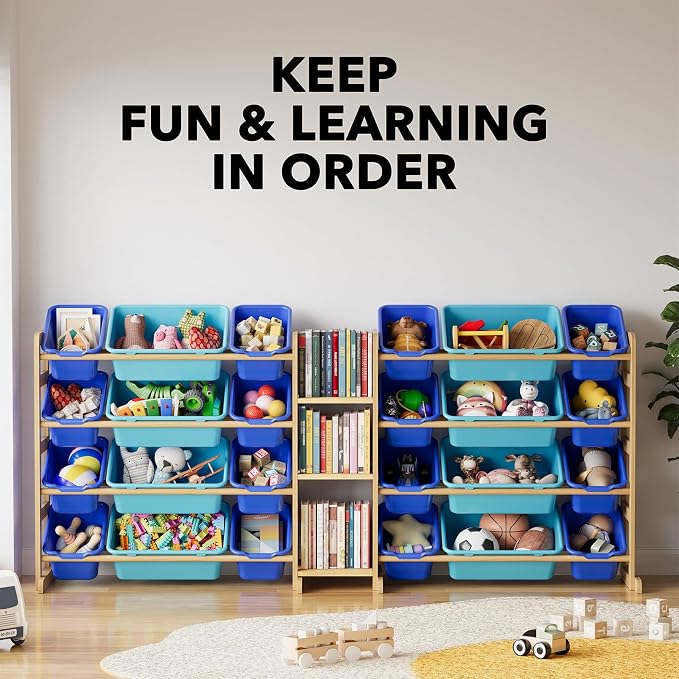 SpaceAid Large Toy Storage Organizer with 24 Bins and 3 Shelves, Toy Organizers Storage Bookshelf, Kids Bin Shelf Box Bookcase for Bedroom Playroom Organization Room Decor, Blue and Navy Blue