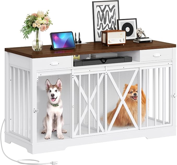 YITAHOME 63" Double Dog Crate TV Stand with Charging Station for 2 Dogs | Heavy Duty Wooden Dog Crate, Dog Kennel Indoor Furniture Double Sliding Barn Door Design Ideal for 2 Dogs, White