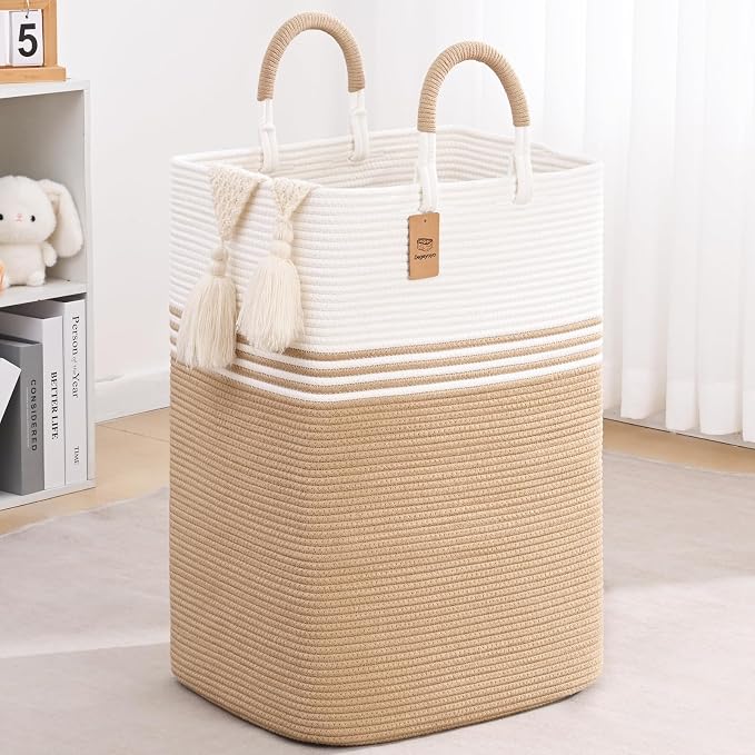 Laundry Basket Hamper,Blanket Storage,Dirty Clothes Hamper with Swivel Handles,Woven Cotton Rope Toy Baskets,Blanket Basket Living Room,Decorative Hampers for Nursery,Bedroom,White & Brown,80L